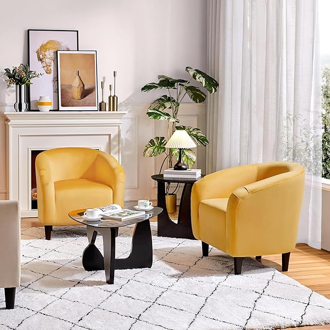 Yaheetech Barrel Chairs, Velvet Accent Chairs with Soft Padded Armrest for Living Room Bedroom Waiting Room Office, Set of 2, Yellow