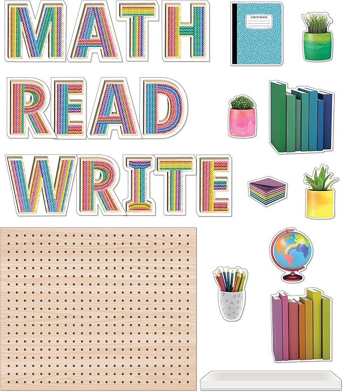 Carson Dellosa Creatively Inspired 31-Piece Subject Bulletin Board Set, Read, Write, and Math Bulletin Board Subject Signs for Bulletin Boards, Plant Décor, Books, and World Globe Cutouts