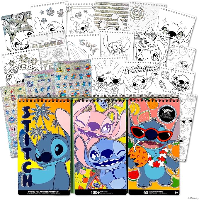 Fashion Angels Disney Stitch 3-in-1 Cosmic Foil Activity Portfolio Set, Includes 60 Coloring Sheets, 100+ Holographic Stickers & More, Fun Craft for Kids