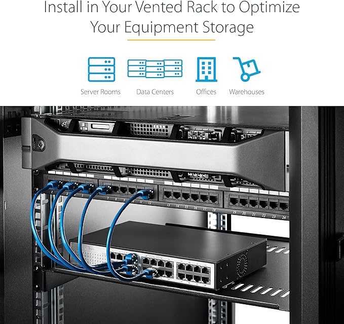StarTech.com 2-Pack 1U Server Rack Shelf, Vented Rack Mount Cantilever Shelf, Heavy-Duty Steel, 44lb/20kg Capacity, 16" Deep