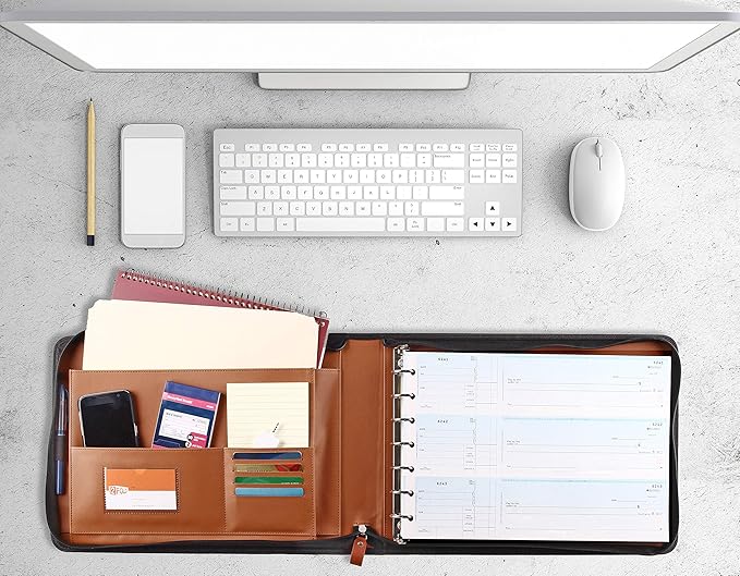 2Fold Zippered Business Checkbook Binder - 7 Ring Binder for Business Checks with Built-in Organizer and Card Case - PU Leather Portfolio for up to 600 3-Up Checks (Light Brown)