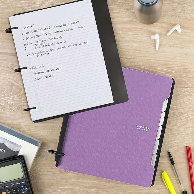 Five Star Flex Refillable Notebook + Study App, College Ruled Paper and 1-1/2 Inch TechLock Ring Binder with Pockets, Tabs and Dividers, 300 Sheet Capacity, Amethyst Purple (29324AB6)
