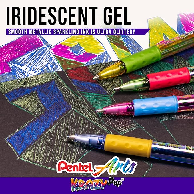 Pentel Sparkle and Krazy Pop, Metallic Gel Ink Pen, (1.0mm), Bold Line, Assorted Ink Colors, 12 count (K91BP12M)
