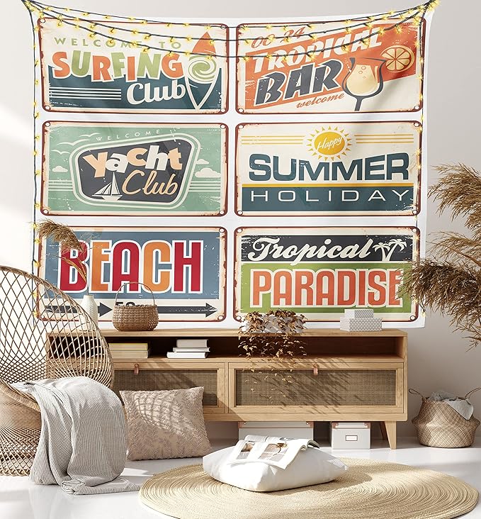 Ambesonne Retro Tapestry, Summer Holiday Vintage Camping Beach Sign Boards in Old Style Faint Colors Art Print, Wide Wall Hanging for Bedroom Living Room Dorm, 60" X 40", Cream