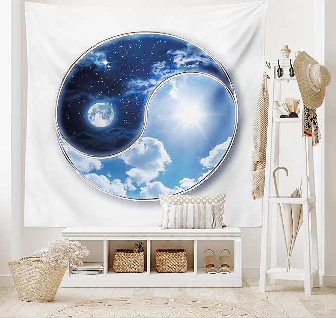 Ambesonne Space Tapestry, Yin Yang World Moon and Sun Harmony of the Universe Art Print, Fabric Wall Hanging Decor for Bedroom Living Room Dorm, 45" X 30", Navy Blue Sky Blue White