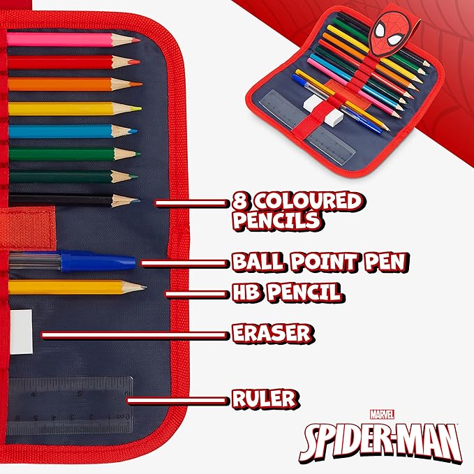 Marvel Spiderman Pencil Case with Cute Detachable Zipper Pouch including Ball Point Pen Pencil Eraser Ruler and Fun Colored Pencils Stationery Gifts for Kids