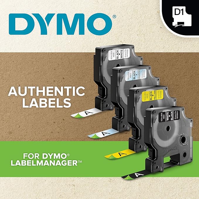 DYMO Authentic D1 Label l DYMO Labels for LabelManager COLORPOP and LabelWriter Duo Label Makers Great for Organization Indoor or Outdoor Use ½” (12mm) Black Print on Clear Tape Water Resistant