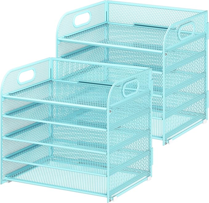 2 Pack 5 Tier Paper Organizer, Letter Tray with Handle, Mesh Desk Organizer, Metal File Organizer, Office Desk Accessories for Home, Office, Classroom, School -Blue