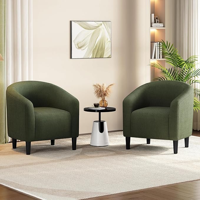 Yaheetech Barrel Chairs, Furry Accent Chairs with Soft Padded Armrest for Living Room Bedroom Waiting Room Office, Set of 2, Dark Green