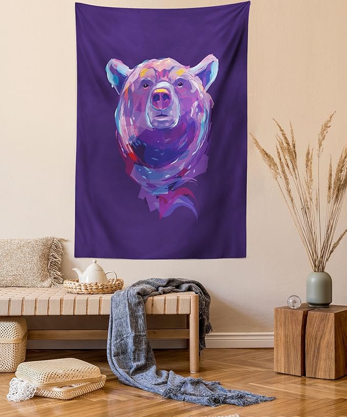 Ambesonne Bear Tapestry, Abstract Portrait with Digital Brushstrokes Wildlife Mascot Display, Wall Hanging for Bedroom Living Room Dorm Decor, 40" X 60", Purple Pink Sky Blue