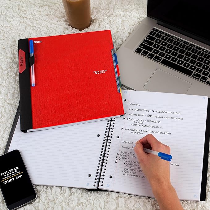 Five Star Advance Spiral Notebook + Study App, 5 Subject, College Ruled Paper, 8-1/2" x 11", 200 Sheets, Spiral Guard, Movable Tabbed Dividers, Fire Red (73146)