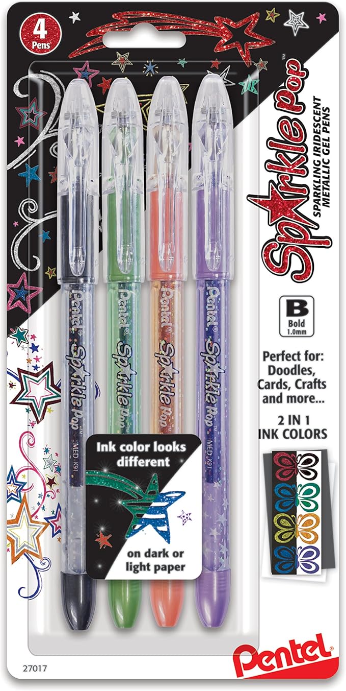 Pentel Sparkle Pop Metallic Gel Pen, 1.0mm Bold Line, Assorted Colors, Pack of 4 (K91BP4M)