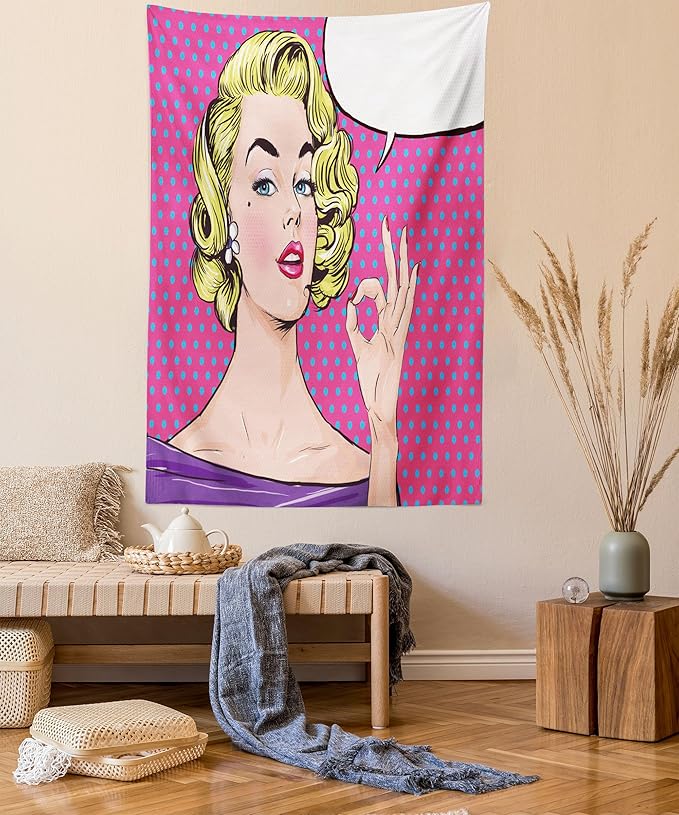 Ambesonne Vintage Tapestry, Pop Art Blonde Woman Making OK Sign on Dotted Background Retro Comic Book Design, Fabric Wall Hanging Decor for Bedroom Living Room Dorm, 30" X 45", Pink Blue