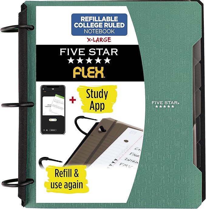 Five Star Flex Refillable Notebook + Study App, College Ruled Paper and 1-1/2 Inch TechLock Ring Binder with Pockets, Tabs and Dividers, 300 Sheet Capacity, Seaglass Green (29324AQ8) (Pack of 6)