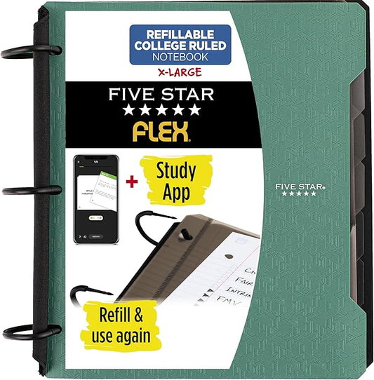 Five Star Flex Refillable Notebook + Study App, College Ruled Paper and 1-1/2 Inch TechLock Ring Binder with Pockets, Tabs and Dividers, 300 Sheet Capacity, Seaglass Green (29324AQ8) (Pack of 6)