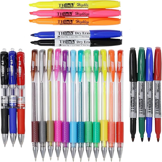 [24 Pack] Think2 Pens & Markers Supply Kit. Includes 3 Highlighter, 4 Permanent Markers, 2 Dry Erase Markers, 12 Color Gel Pens and 3 Retractable gel pens Supplies
