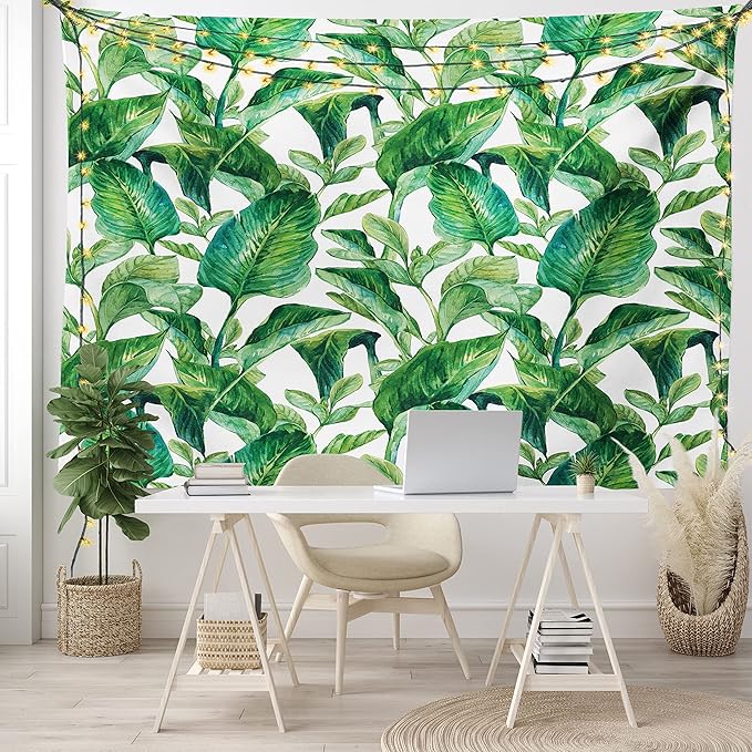 Ambesonne Leaf Tapestry King Size, Romantic Holiday Island Hawaiian Banana Trees Watercolored Image, Wall Hanging Bedspread Bed Cover Wall Decor, 104" X 88", Forest Green