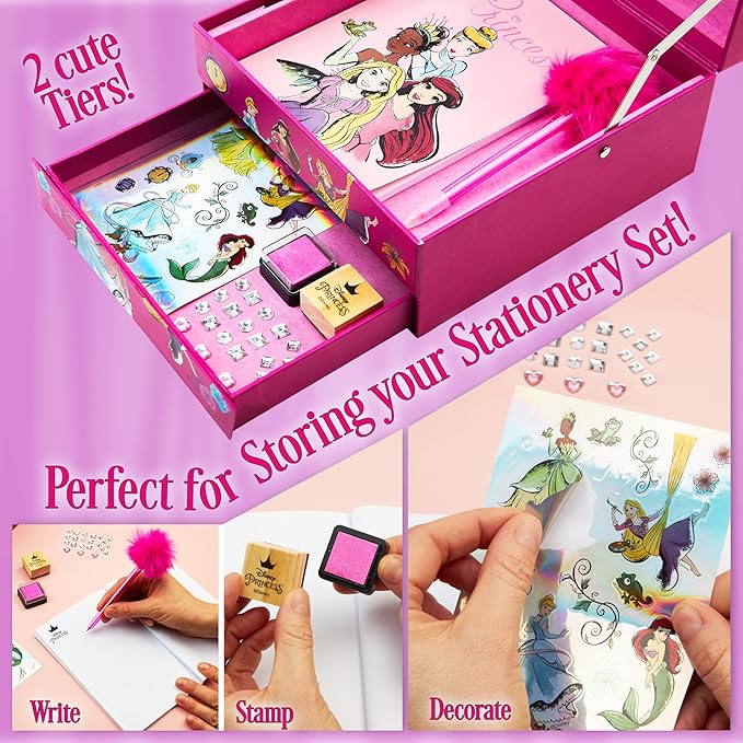 Disney Stitch Notebook Stationery Set Kids Diary DIY Journal Kit and Craft Supplies (Pink Princesses)
