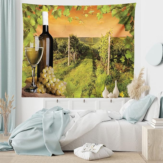 Ambesonne Winery Tapestry, Bottle and Glass of Wine and Vineyards of Sunset Countryside Romantic Evening View, Fabric Wall Hanging Decor for Bedroom Living Room Dorm, 23" X 28", Orange Green