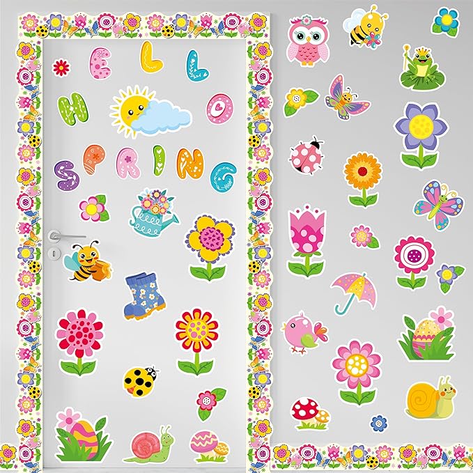 70 Pcs Hello Spring Bulletin Board Decorations - Colorful Hello Spring Cut-Outs Cute Flower Butterfly Bird Bee Bulletin Border Wall Decals for Kids DIY Craft School Classroom Decor