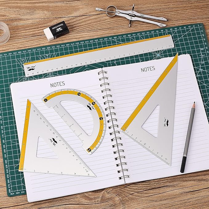 Mr. Pen- Geometry Set, Yellow Stripes, 4 Pack, Metal Geometry Kit, Triangle Ruler, Metal Ruler, Drafting Triangles, Metal Protractor, Metal Set Square, Drafting Ruler, Drafting Set