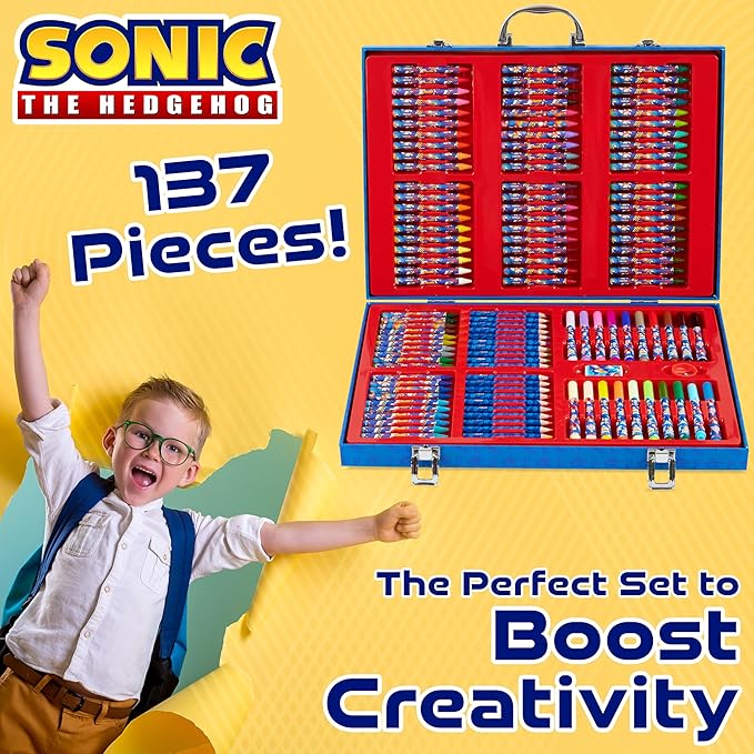 Sonic The Hedgehog Colored Pencils Art Supplies 130+ pcs Drawing Kit School Supplies Girls Drawing Pencils Art Kit Travel Case with Crayons Arts and Crafts for Kids 4-12