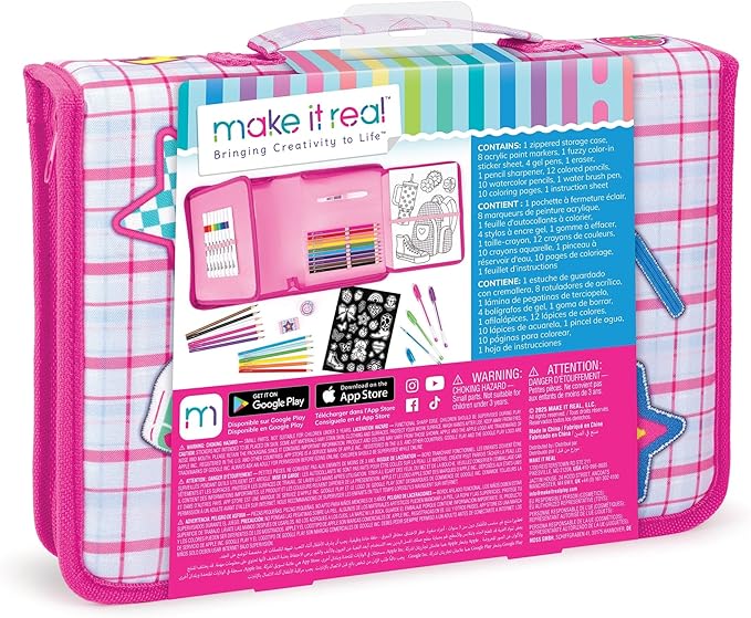 Make It Real: Creative Artist Suitcase Art Set - 50pc Zipper Binder Case, Gel Pens-Color Pencils-Acrylic Markers-Stickers, Crafts Tweens-Girls-Kids 6+