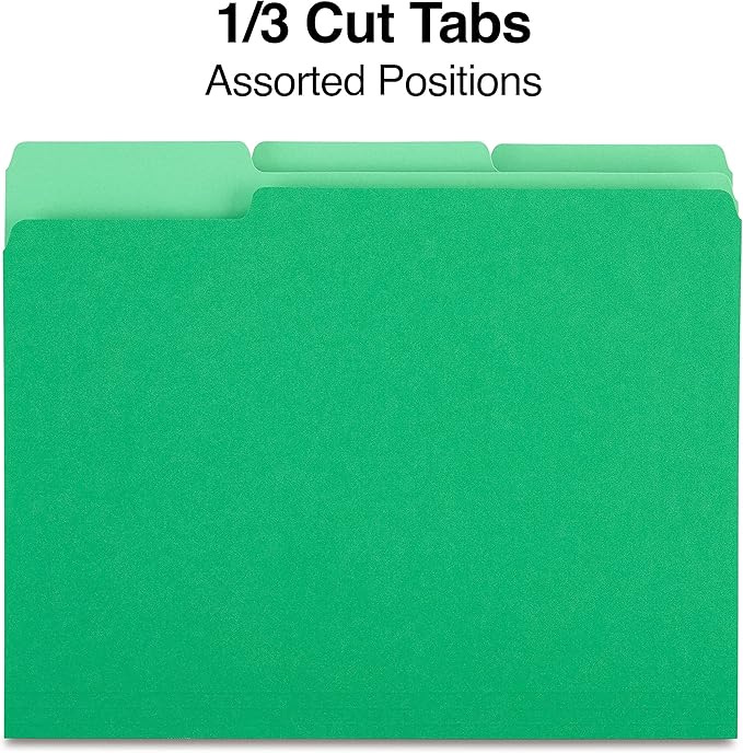 Staples File Folders, Letter Size, 1/3‑Cut Tabs, Assorted Positions, Green, Durable Paper Stock, 100/Pack