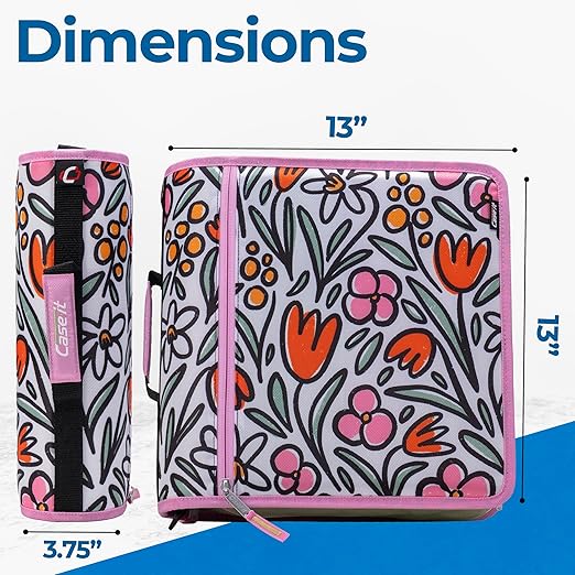 Case-it Mighty Zip Tab School Zipper Binder, 3-Inch O-Rings, 600-Sheet Capacity, 5-Subject Expanding File Folder, Multiple Pockets & Storage Organizer, Shoulder Strap, D-146 Fun Flowers (Pack of 6)