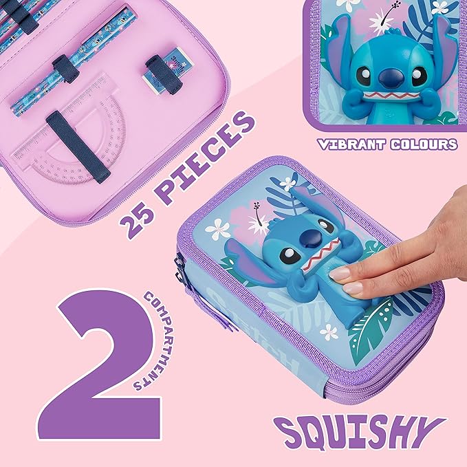 Disney Stitch Filled Pencil Case with Colored Pencils, Markers, Gifts for Girls Kids, Stationery School Art Supplies Pouch Holder Organizer (Blue Stitch Double Zip)