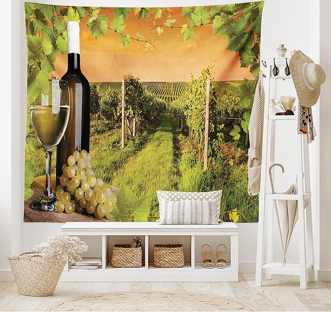 Ambesonne Winery Tapestry, Bottle and Glass of Wine and Vineyards of Sunset Countryside Romantic Evening View, Fabric Wall Hanging Decor for Bedroom Living Room Dorm, 23" X 28", Orange Green