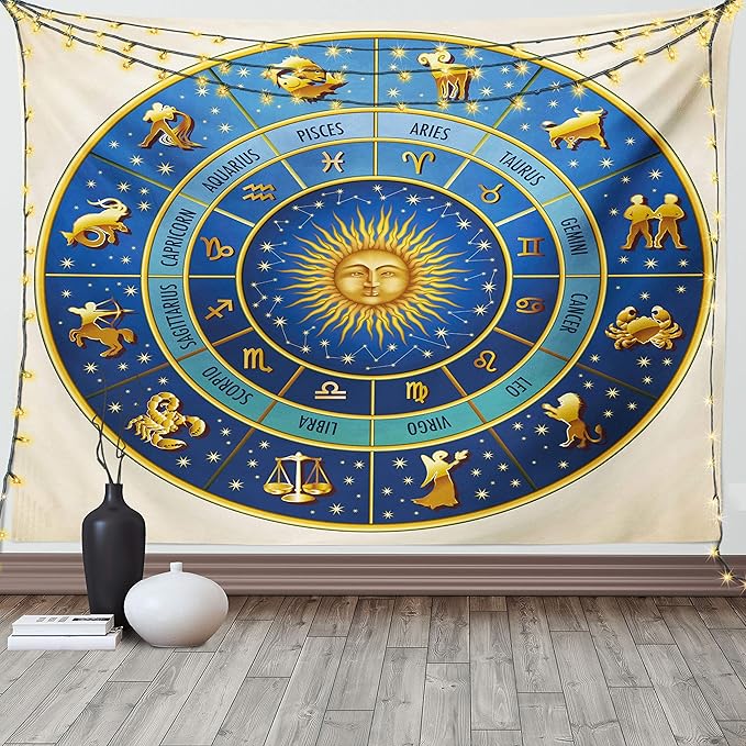 Ambesonne Astrology Tapestry, Wheel of Astrological Signs Names and Dates with Moon Sun in Middle, Fabric Wall Hanging Decor for Bedroom Living Room Dorm, 90" X 60", Blue Yellow and Cream