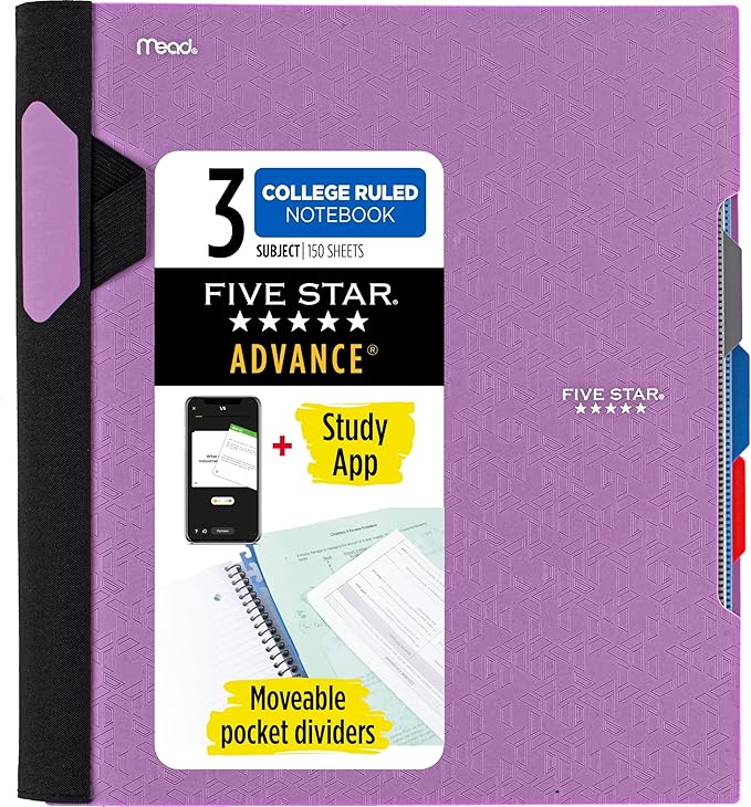 Five Star Advance Spiral Notebook + Study App, 3 Subject, College Ruled Paper, 8-1/2" x 11", 150 Sheets, Spiral Guard, Movable Tabbed Dividers, Amethyst Purple (820060G)