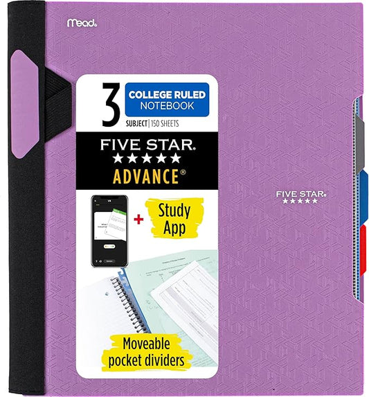 Five Star Advance Spiral Notebook + Study App, 3 Subject, College Ruled Paper, 8-1/2" x 11", 150 Sheets, Spiral Guard, Movable Tabbed Dividers, Amethyst Purple (820060G)