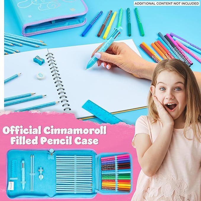 Hello Kitty Sanrio Pencil Case Kids Colored Pencils Markers Kawaii Kuromi Stationery Gifts for Kids (Blue Cinnamoroll)