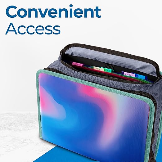 Case-it Mighty Zip Tab School Zipper Binder | 3-Inch O-Rings, 600-Sheet Capacity, 5-Subject Expanding File Folder, Multiple Pockets & Storage Organizer, Shoulder Strap | D-146 Northern Lights