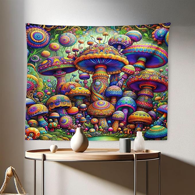 Ambesonne Mushroom Tapestry, Art Trippy Jungle with Colorful Huddles of Oriental Motifs Outer World Psychedelic, Fabric Wall Hanging Decor for Bedroom Living Room Dorm, 28" X 23", Multicolor
