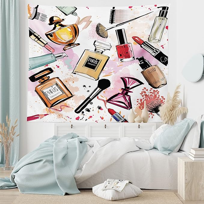 Ambesonne Fashion Tapestry, Cosmetic and Makeup Theme Pattern Perfume Lipstick Nail Polish Brush Modern, Fabric Wall Hanging Decor for Bedroom Living Room Dorm, 45" X 30", Coral White