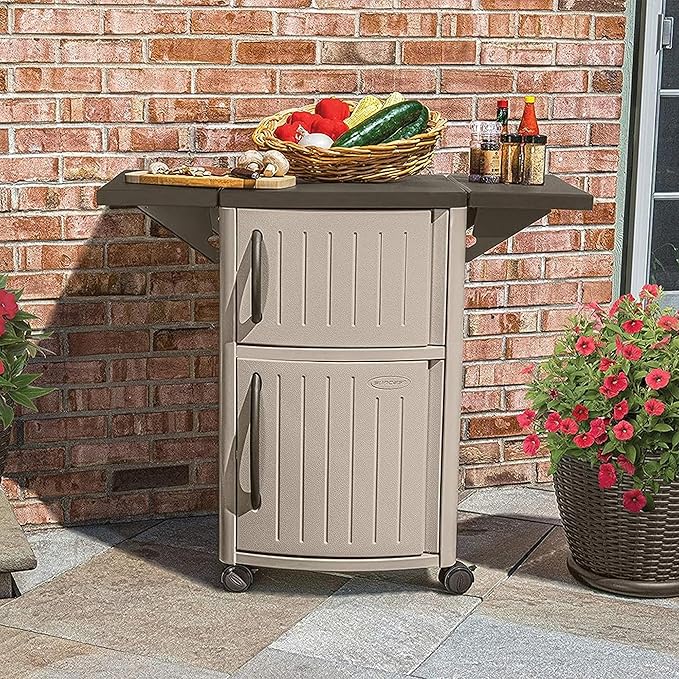 Suncast Serving Station Patio Cabinet, Portable Grill Prep Table, Light Taupe & Mocha - Includes Side Shelves, Storage Cabinets, Server Tray and Wheels for Outdoor BBQ Grilling and Backyard Dining