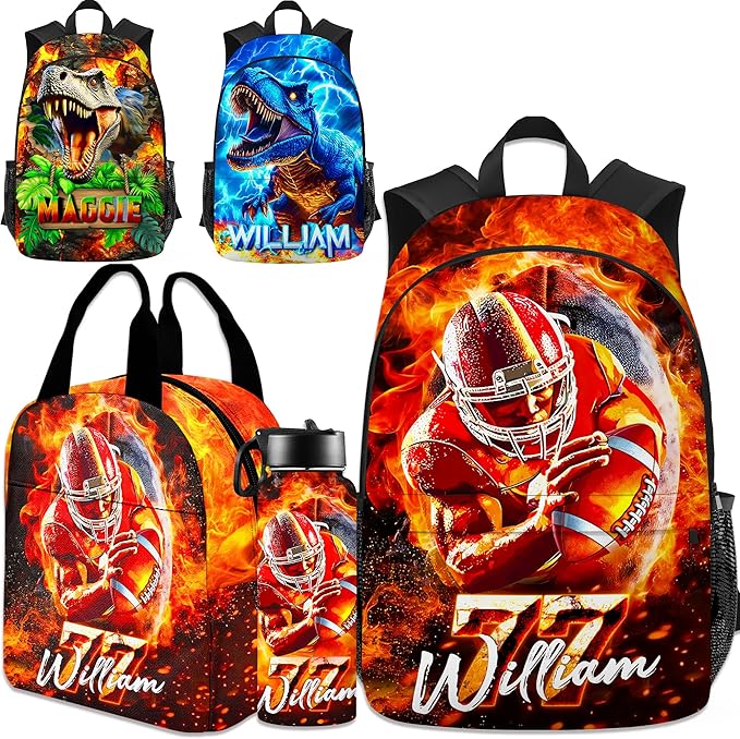 Custom Football School Backpack for Boys Personalized Name Bookbag Kids Backpacks with Lunch Box for Elementary Middle School