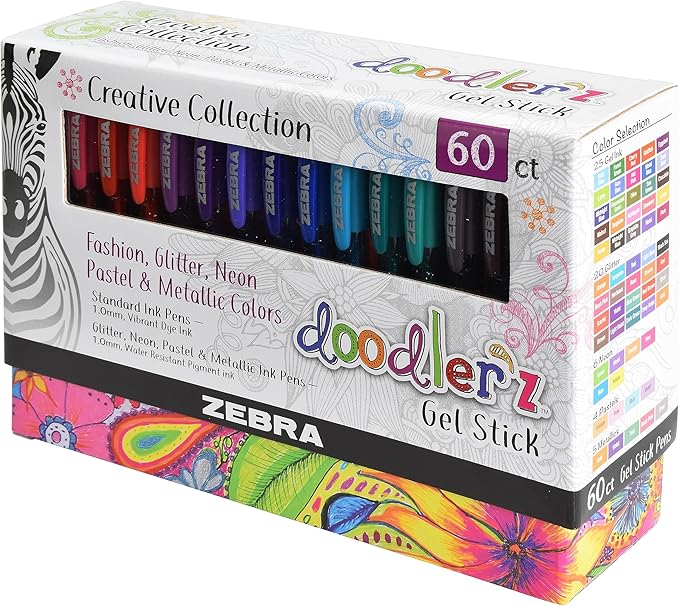 Zebra Pen, doodler’z Gel Stick Pens, 1.0mm Needle-Point Tip, Glitter, Neon, Pastel, Metallic Gel Ink, Vibrant Assorted Colors, Water-Based Ink, Art and School Pens, 60 Count Pack (41960)
