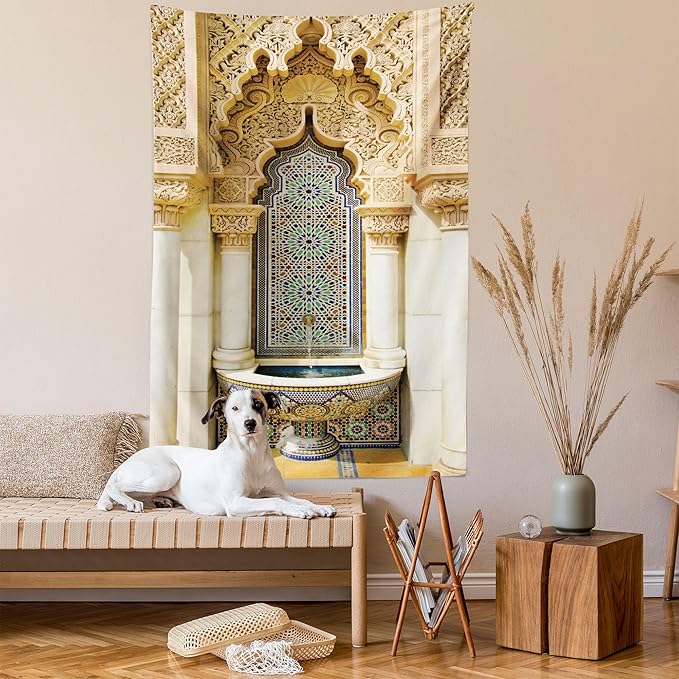 Ambesonne Moroccan Tapestry Queen Size, Vintage Building Design Art Historic Exterior Facade with Mosaic Print, Wall Hanging Bedspread Bed Cover Wall Decor, 88" X 88", Ivory Pale Brown Blue