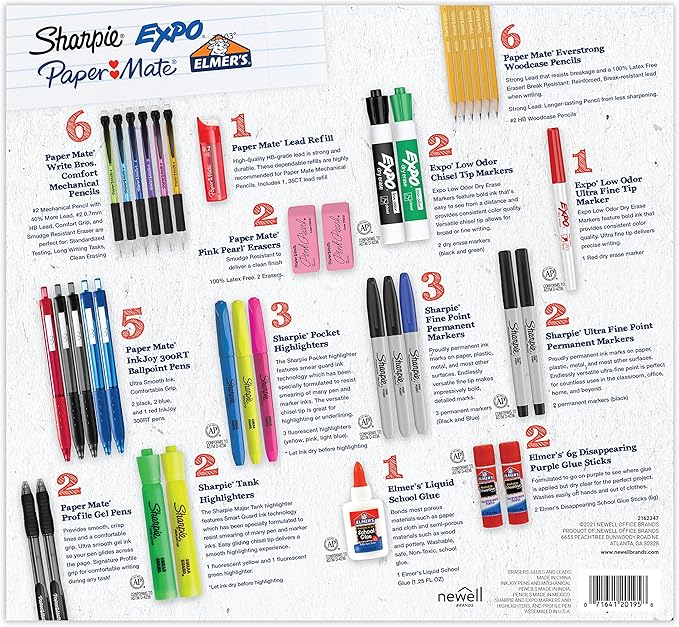 School Supplies Kit, Highlighters, Mechanical Pencils, Glue Sticks, Erasers, Permanent Markers, Gel Pens, School Glue, From Sharpie, Elmer’s, Paper Mate, & EXPO, 38 Count