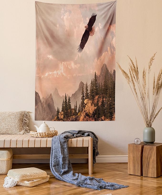 Ambesonne Eagle Tapestry, Nature Photography of Rocky Mountains and Forest a Bird Flying over It, Wall Hanging for Bedroom Living Room Dorm Decor, 40" X 60", Rose Green