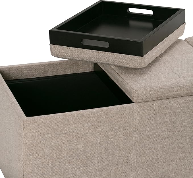 SIMPLIHOME Avalon Storage Ottoman - 42 inch Wide Upholstered Linen Look Fabric Rectangular Flip-Top Ottoman in Natural, Contemporary Coffee Table Ottoman for Living Room with Hidden Storage