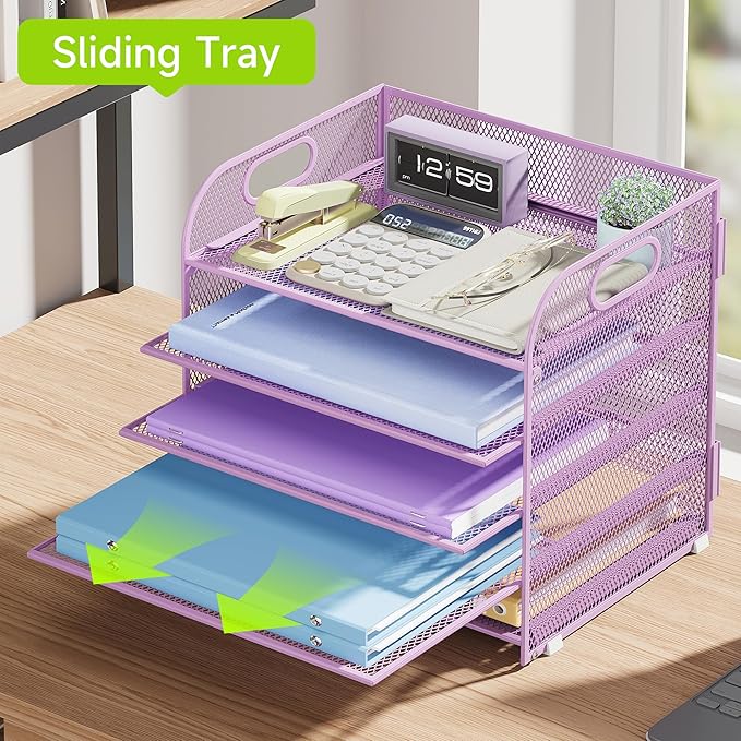2 Pack 5 Tier Paper Organizer, Letter Tray with Handle, Mesh Desk Organizer, Metal File Organizer, Office Desk Accessories for Home, Office, Classroom, School -Purple