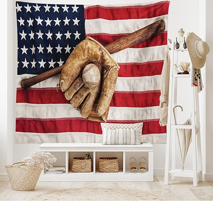 Ambesonne Baseball Tapestry, Vintage Baseball League Equipment Usa Grunge Glove Bat Fielding Sports Theme, Fabric Wall Hanging Decor for Bedroom Living Room Dorm, 45" X 30", Red Brown
