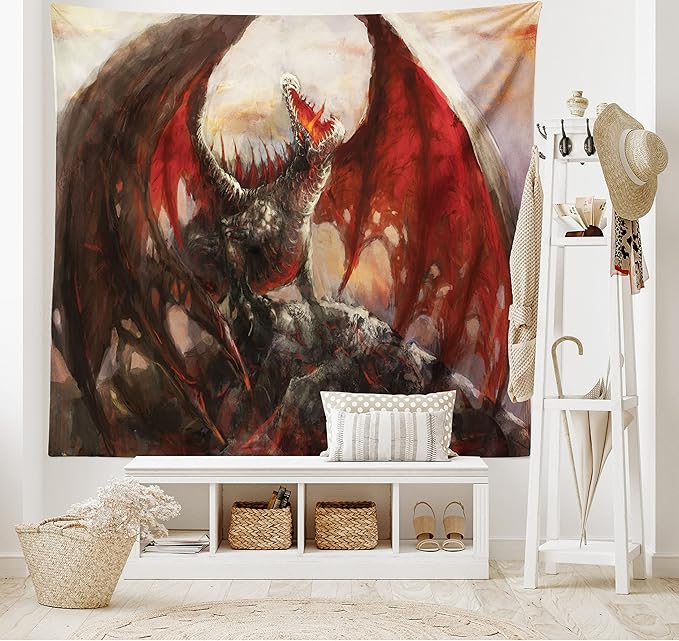 Ambesonne Fantasy World Tapestry, Majestic Dragon Resting on Mountain Mythological Fire-Spewing Creature Print, Fabric Wall Hanging Decor for Bedroom Living Room Dorm, 28" X 23", Brown Red
