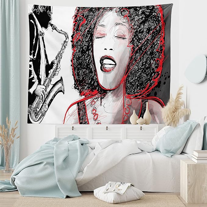 Ambesonne African Tapestry, Afro Lady Singing a Jazz Song with Saxophone Player Silhouette Vintage Design, Fabric Wall Hanging Decor for Bedroom Living Room Dorm, 28" X 23", Black Pale Grey