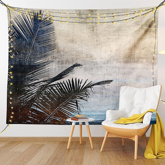 Ambesonne Hawaiian Tapestry Queen Size, Palm Tree Leaves on Grunge Background with Sea Vintage Waterscape Illustration, Wall Hanging Bedspread Bed Cover Wall Decor, 88" X 88", Beige Indigo